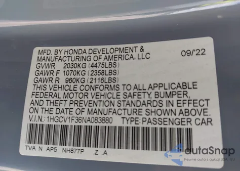 2022 Honda Accord Sport from USA, damaged, VIN 1HGCV1F36NA083880